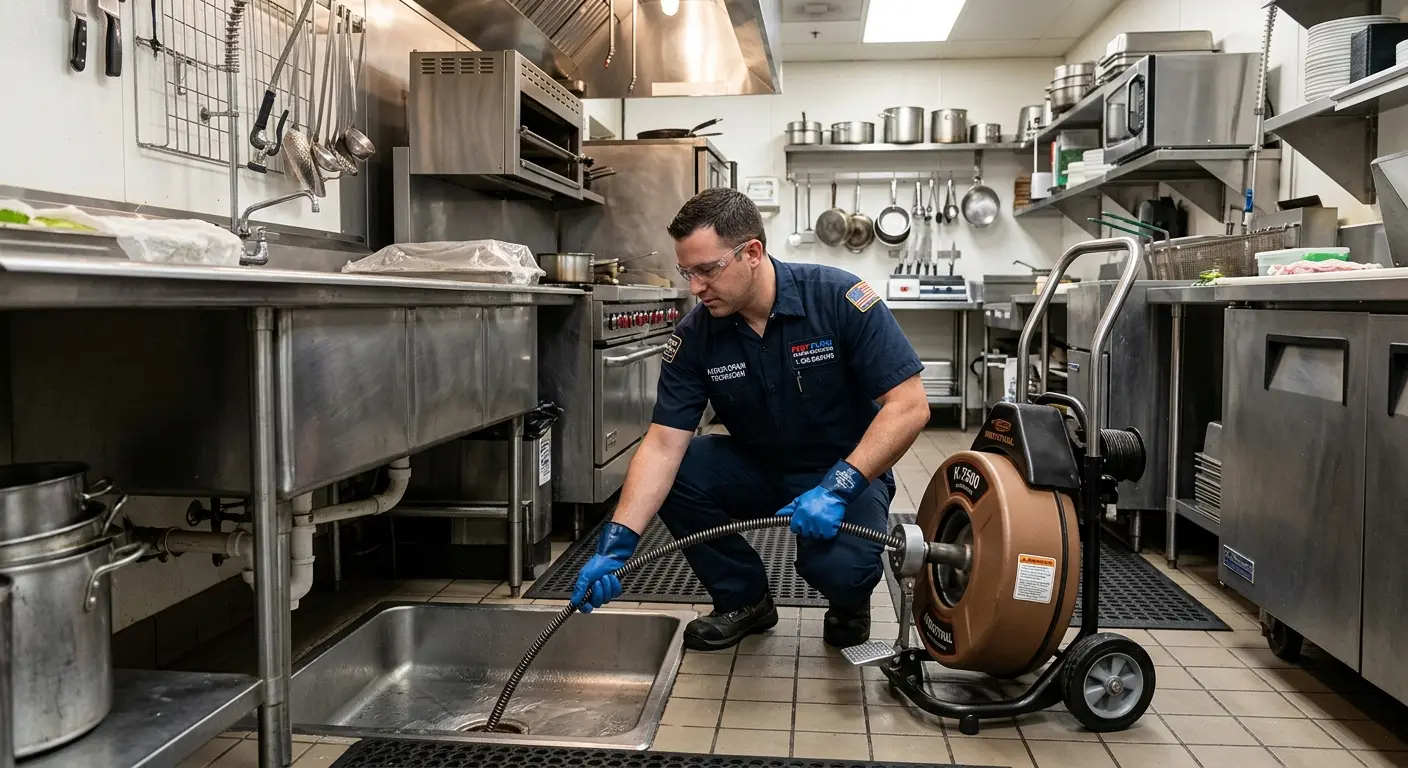 Commercial drain cleaning service in a restaurant kitchen in Red Oak