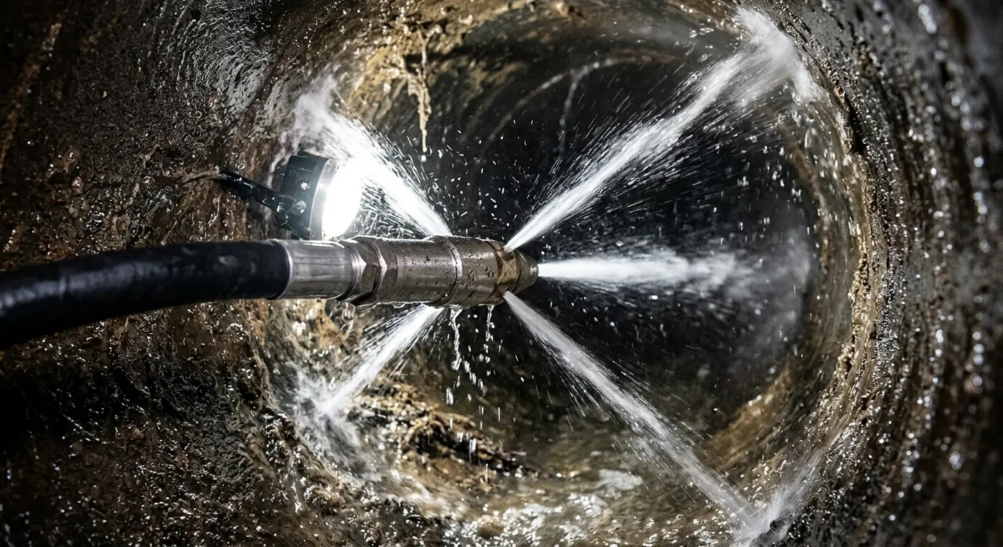 High-pressure hydro jetting nozzle cleaning sewer pipe for Trenchless Sewer Repair in Red Oak